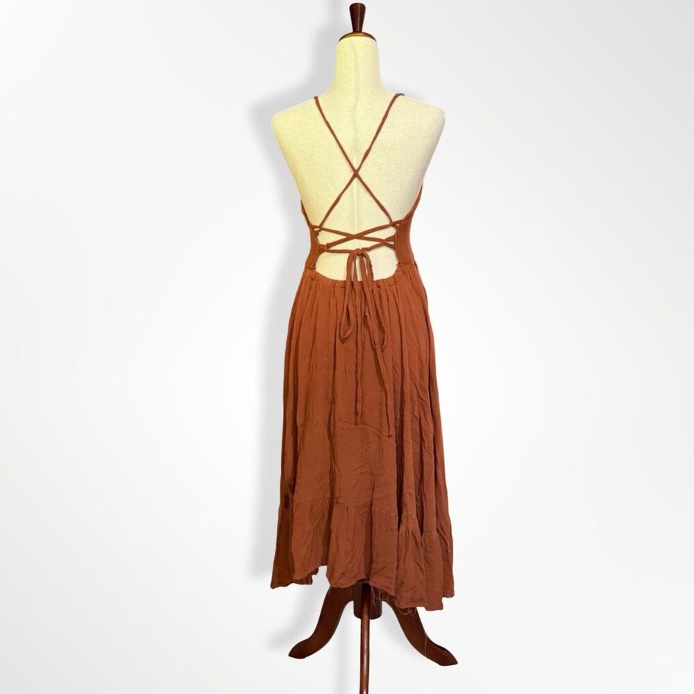 Backless Sienna Brown Strappy Boho Maxi Midi Dress, S Handmade OOAK